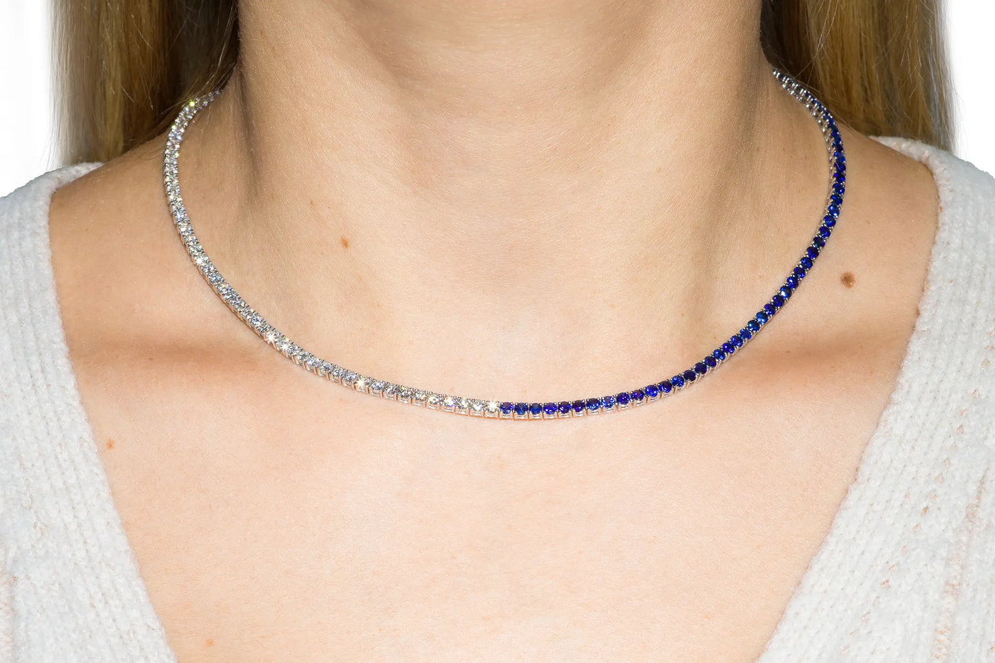 18K White Gold Diamond & Sapphire Tennis Necklace Tw. 12.32 carat
