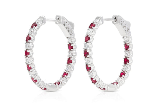 18K White Gold Diamond and Ruby Hoops TW.2.24ct