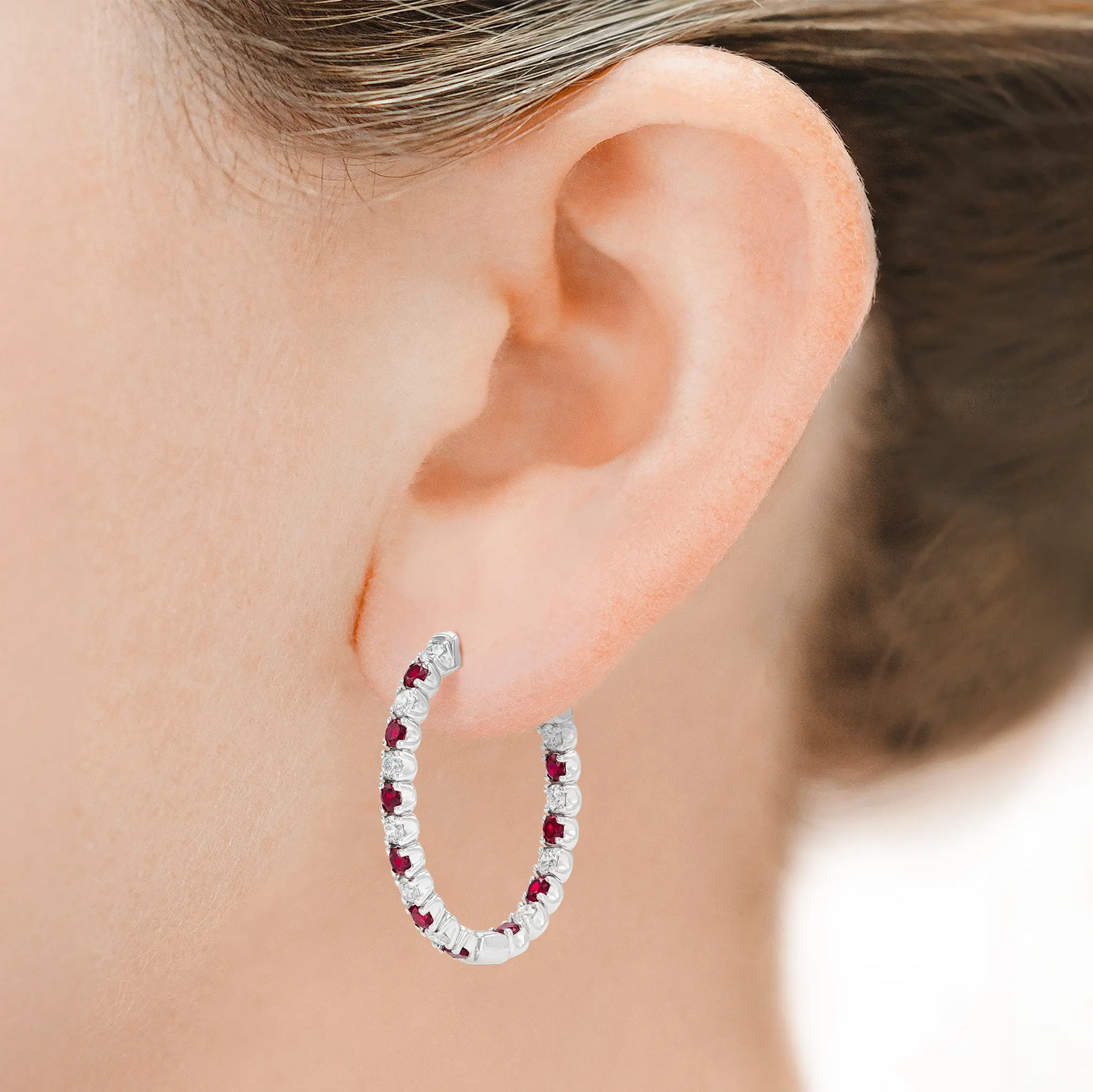 18K White Gold Diamond and Ruby Hoops TW.2.24ct