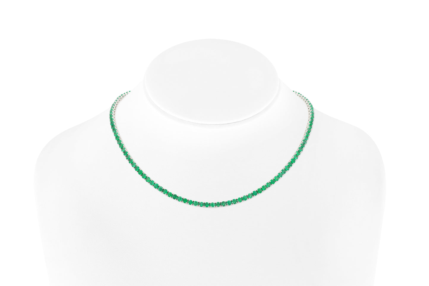 18K White Gold Green Emerald Tennis Necklace DTW. 12.22ct