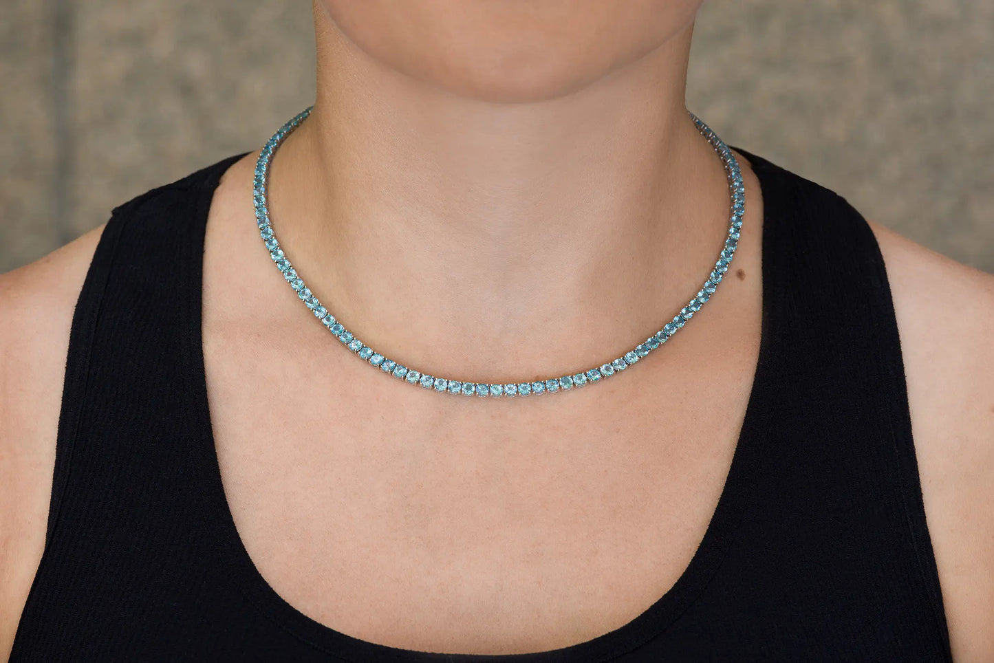 18K White Gold Topaz Tennis Necklace DTW. 19.02ct