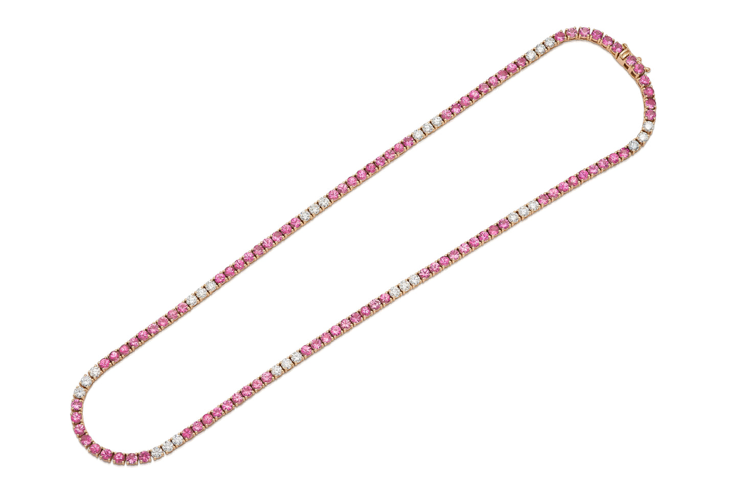18K Rose Gold Diamond & Pink Sapphire Tennis Necklace Tw. 14.96 carat