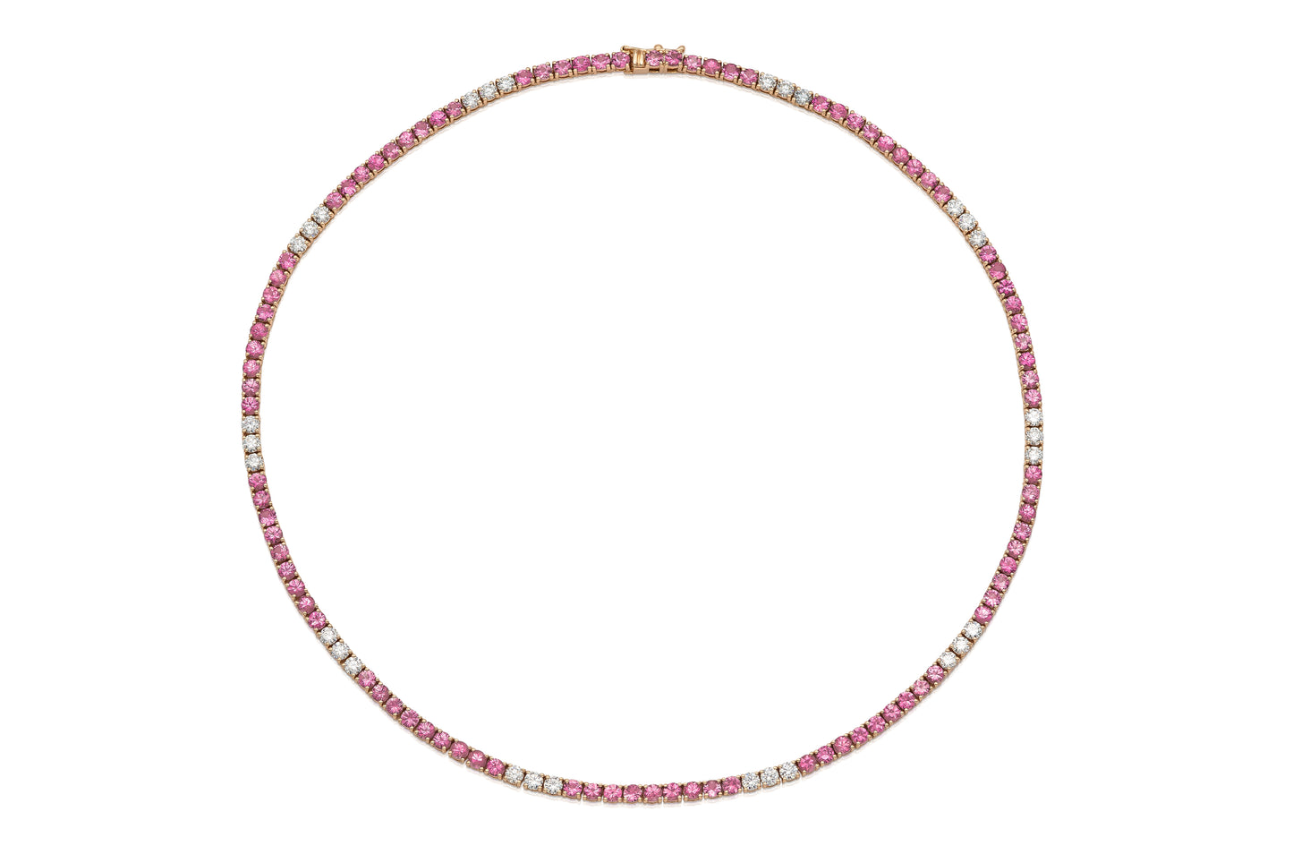 18K Rose Gold Diamond & Pink Sapphire Tennis Necklace Tw. 14.96 carat