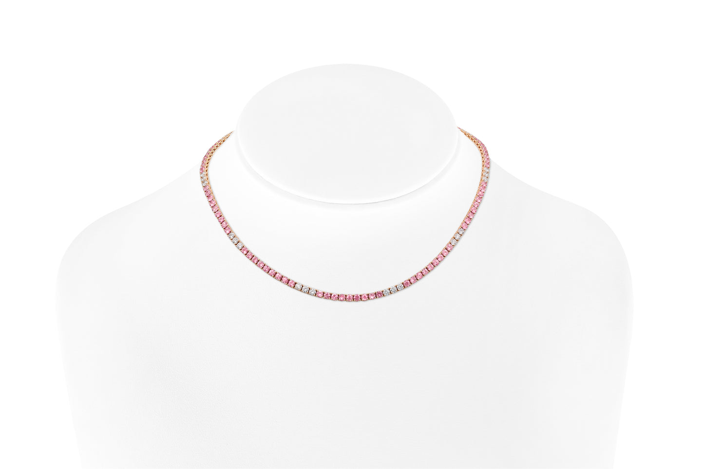 18K Rose Gold Diamond & Pink Sapphire Tennis Necklace Tw. 14.96 carat