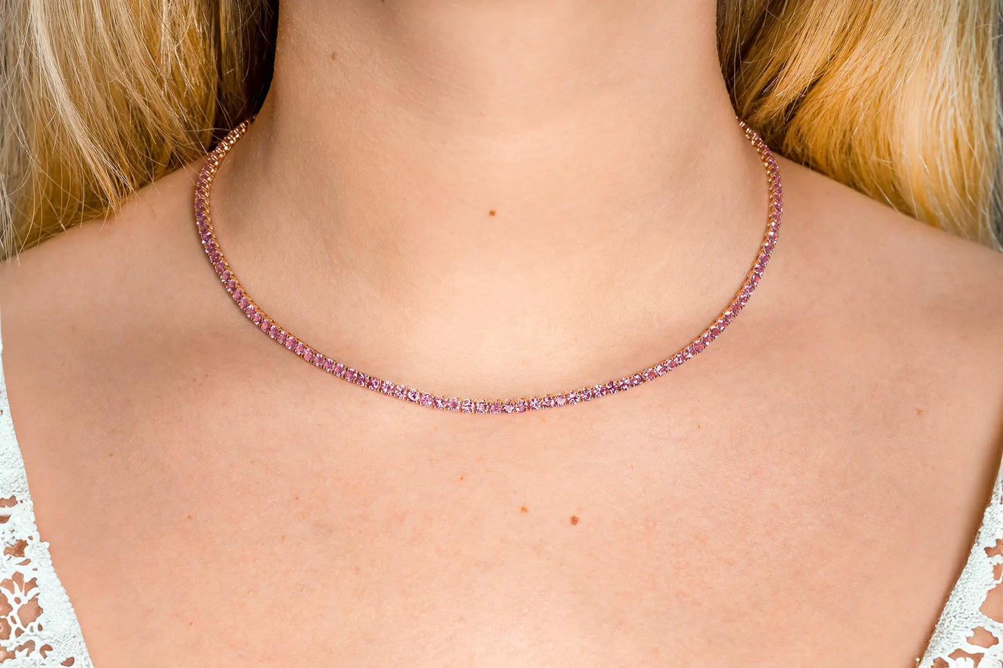 18K Rose Gold Sapphire Tennis Necklace Tw. 13.56 carat