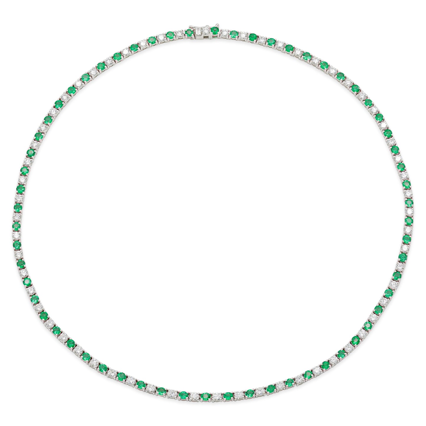 18K White Gold Diamond & Green Emerald Tennis Necklace Tw. 10.87 carat