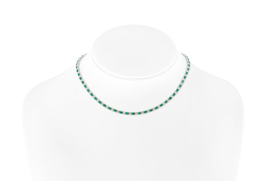 18K White Gold Diamond & Green Emerald Tennis Necklace Tw. 10.87 carat