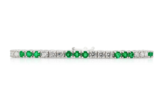 18K White Gold Diamond & Green Emerald Tennis Bracelet Tw. 4.14 carat