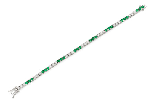 18K White Gold Diamond & Green Emerald Tennis Bracelet Tw. 4.14 carat