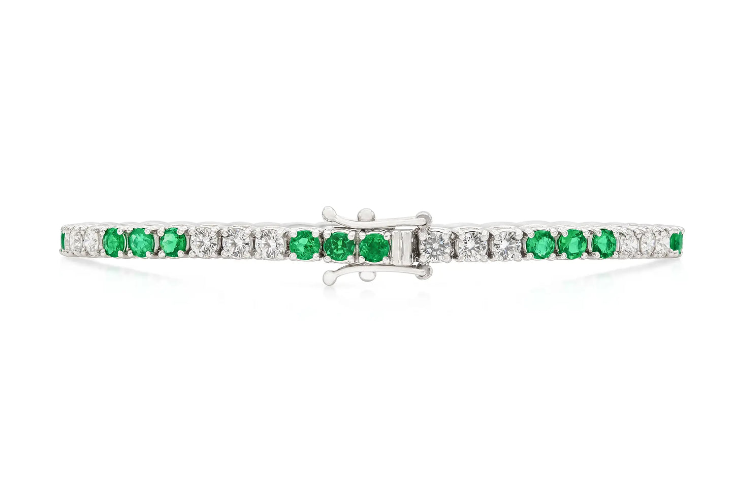 18K White Gold Diamond & Green Emerald Tennis Bracelet Tw. 4.14 carat