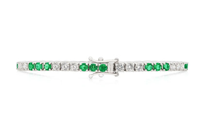 18K White Gold Diamond & Green Emerald Tennis Bracelet Tw. 4.14 carat