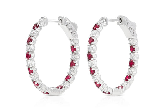 18K White Gold Diamond and Ruby Hoops TW.2.24ct