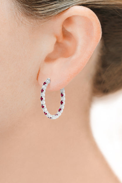 18K White Gold Diamond and Ruby Hoops TW.2.24ct
