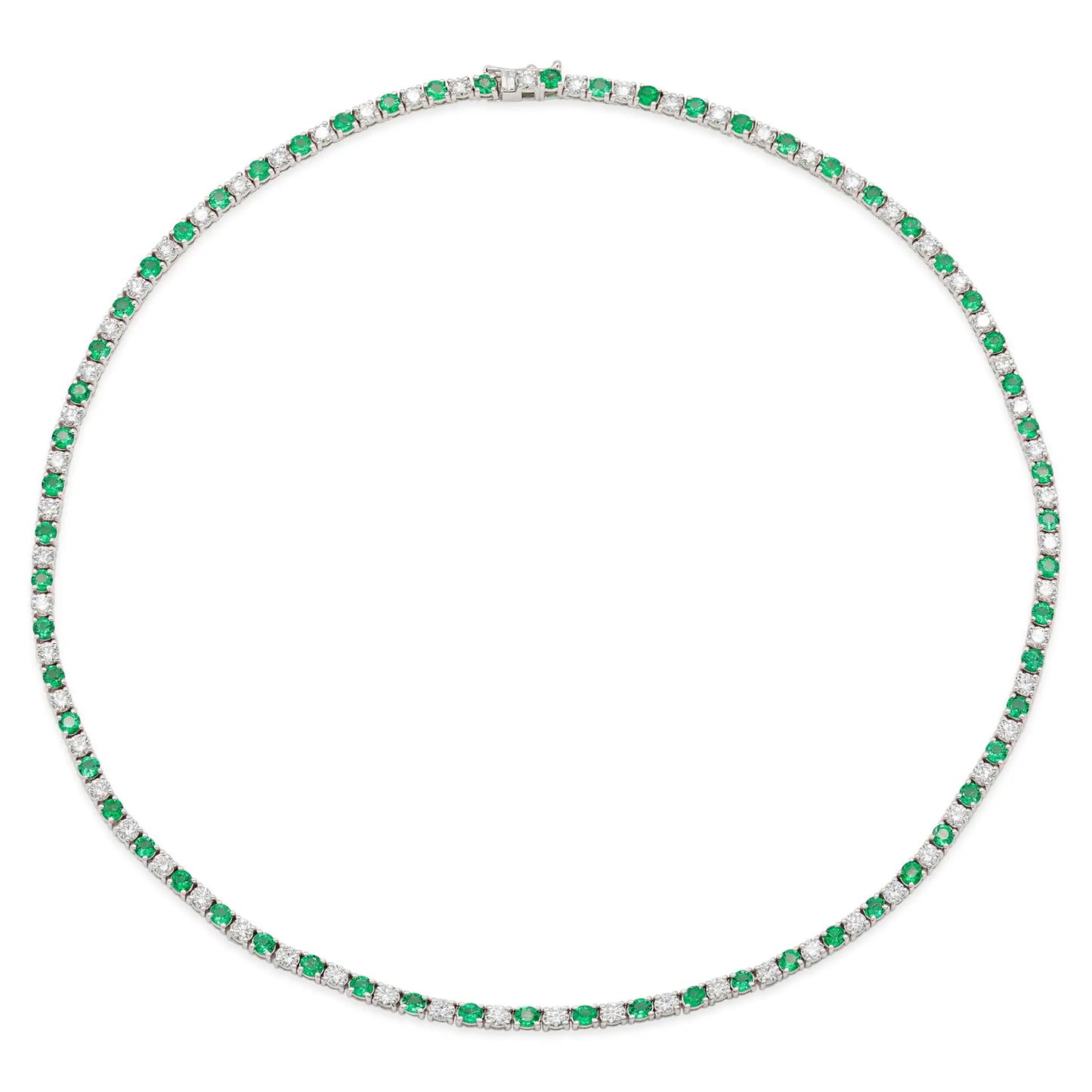 18K White Gold Diamond & Green Emerald Tennis Necklace Tw. 10.87 carat
