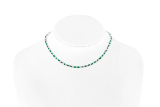 18K White Gold Diamond & Green Emerald Tennis Necklace Tw. 10.87 carat