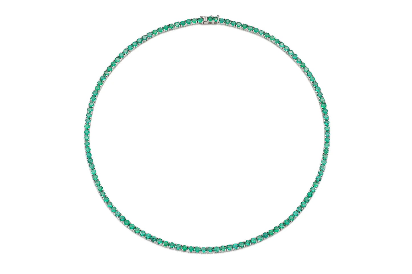 18K White Gold Green Emerald Tennis Necklace DTW. 12.22ct