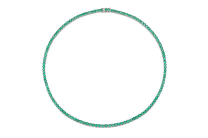 18K White Gold Green Emerald Tennis Necklace DTW. 12.22ct