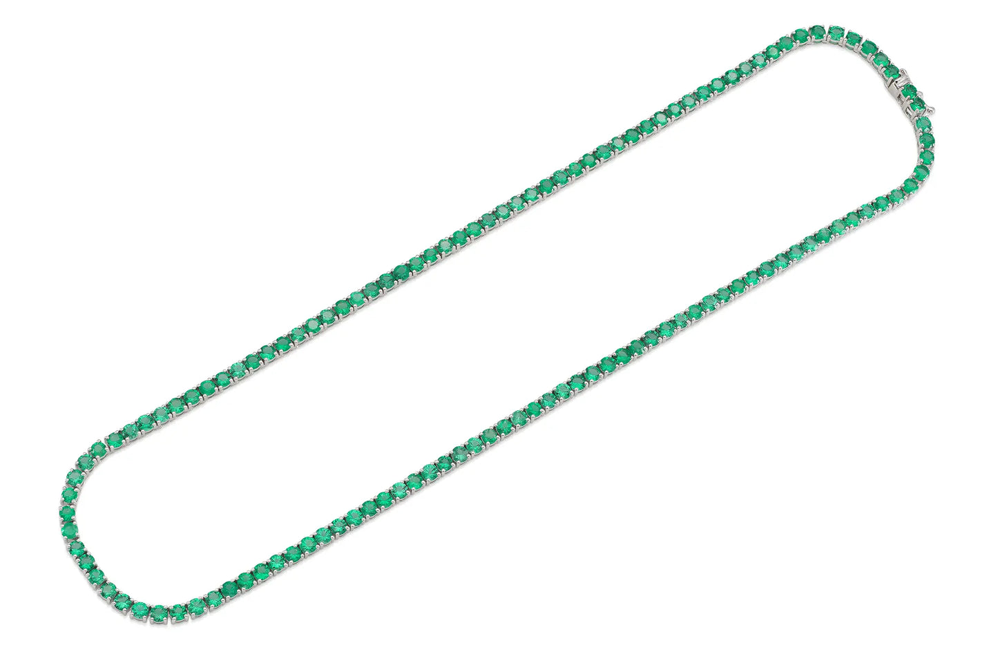 18K White Gold Green Emerald Tennis Necklace DTW. 12.22ct