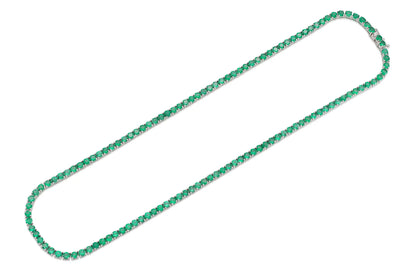 18K White Gold Green Emerald Tennis Necklace DTW. 12.22ct