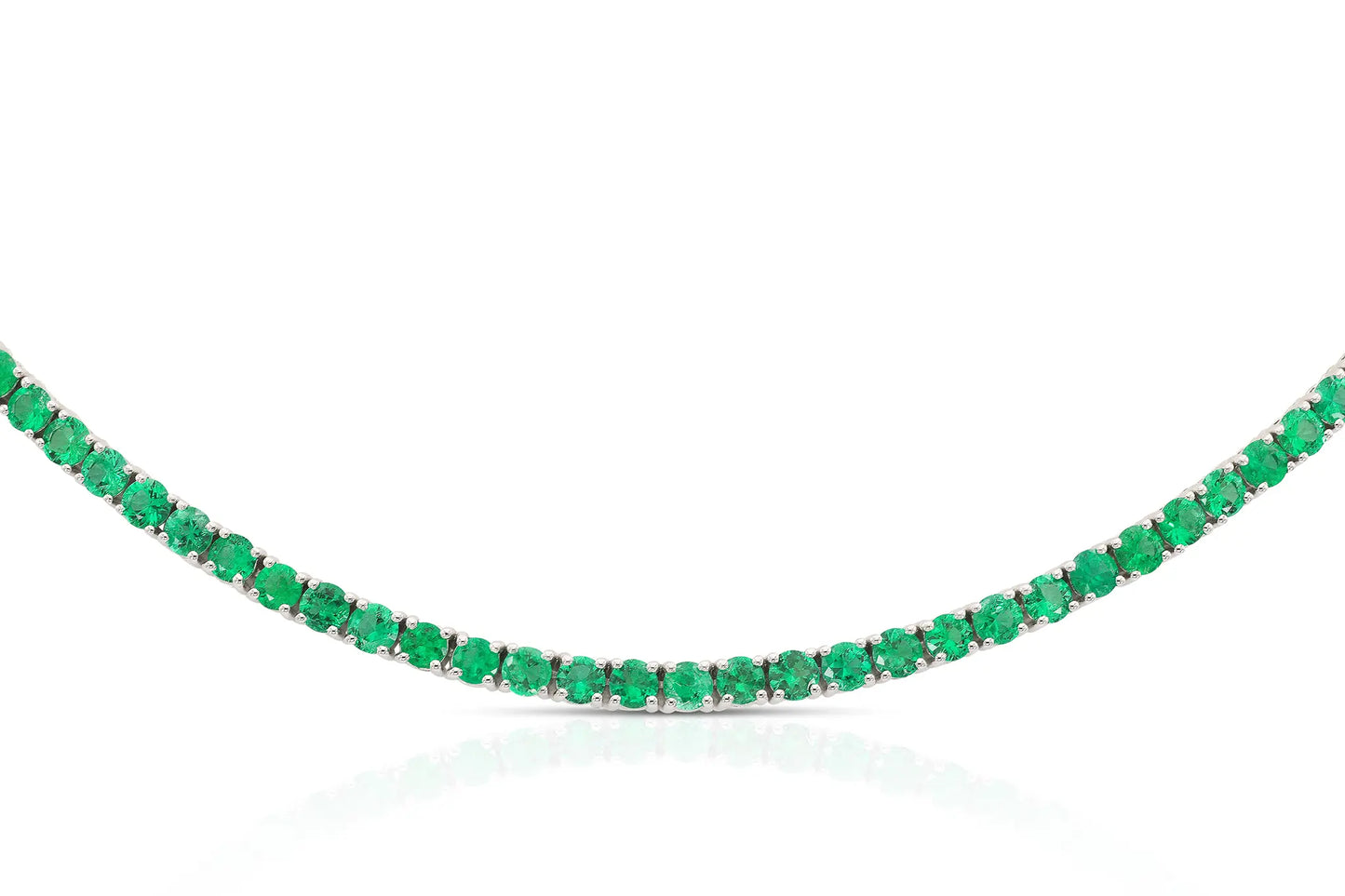 18K White Gold Green Emerald Tennis Necklace DTW. 12.22ct