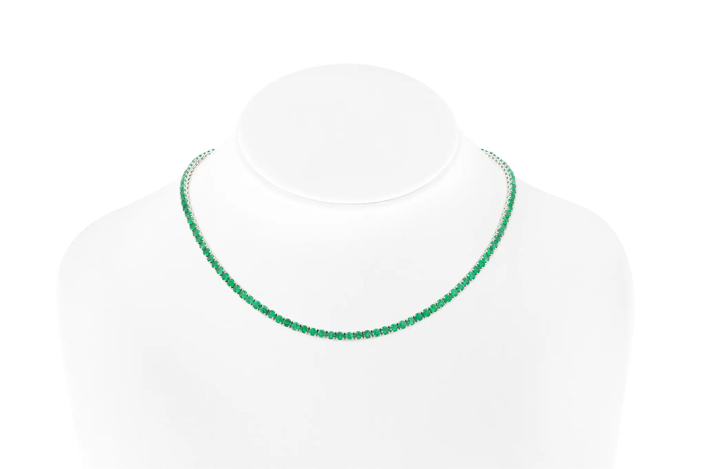 18K White Gold Green Emerald Tennis Necklace DTW. 12.22ct