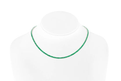 18K White Gold Green Emerald Tennis Necklace DTW. 12.22ct