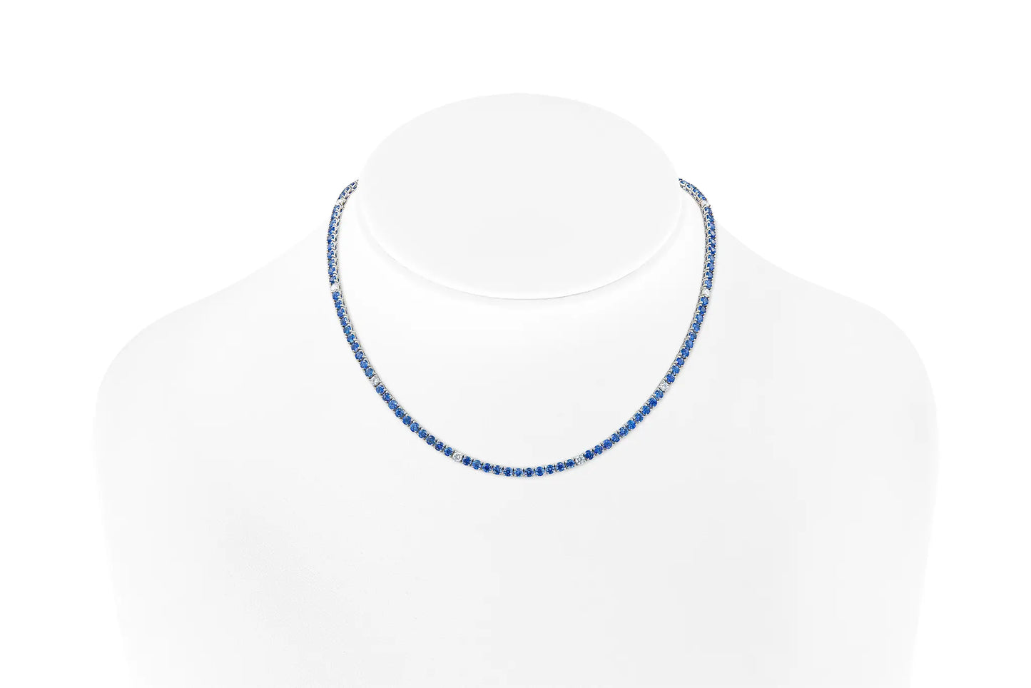 18K White Gold Blue Sapphire & Diamond  Tennis Necklace Tw. 14.98 carat