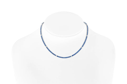 18K White Gold Blue Sapphire & Diamond  Tennis Necklace Tw. 14.98 carat