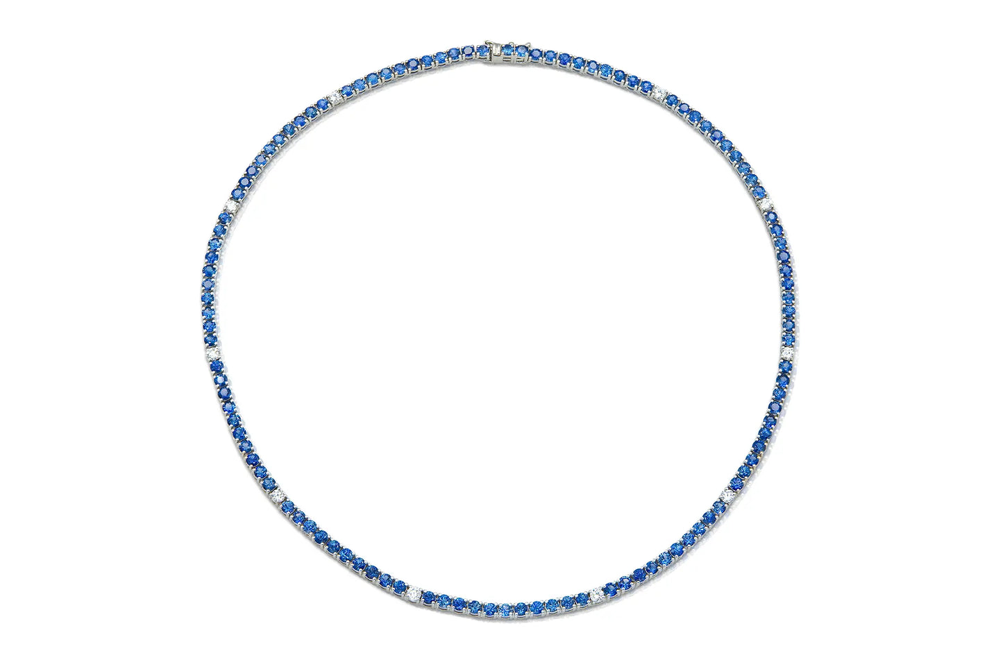 18K White Gold Blue Sapphire & Diamond  Tennis Necklace Tw. 14.98 carat