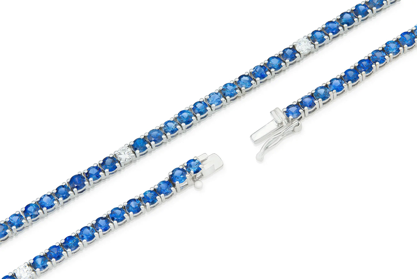 18K White Gold Blue Sapphire & Diamond  Tennis Necklace Tw. 14.98 carat