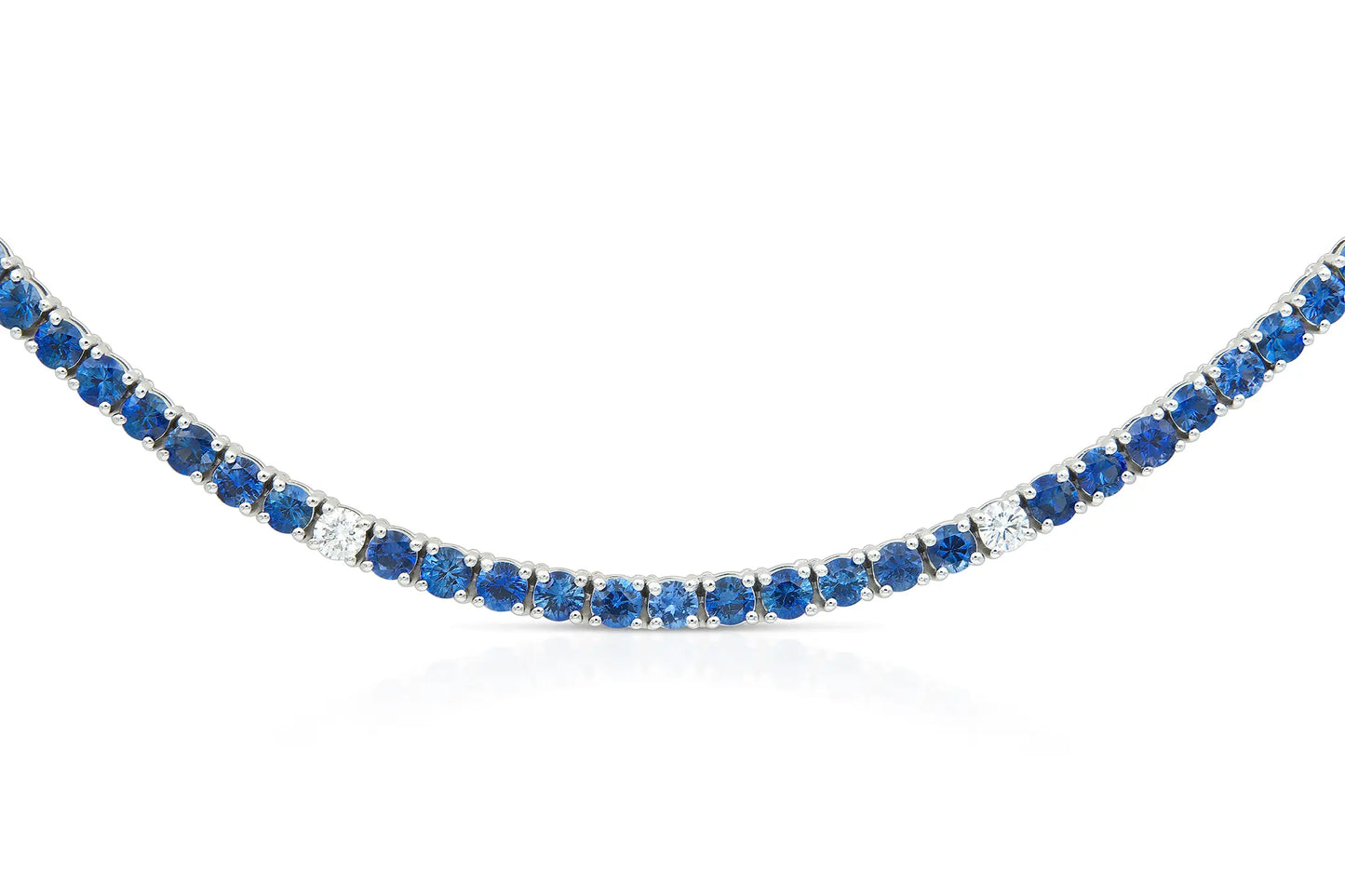 18K White Gold Blue Sapphire & Diamond  Tennis Necklace Tw. 14.98 carat