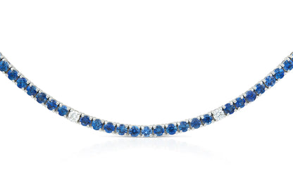 18K White Gold Blue Sapphire & Diamond  Tennis Necklace Tw. 14.98 carat