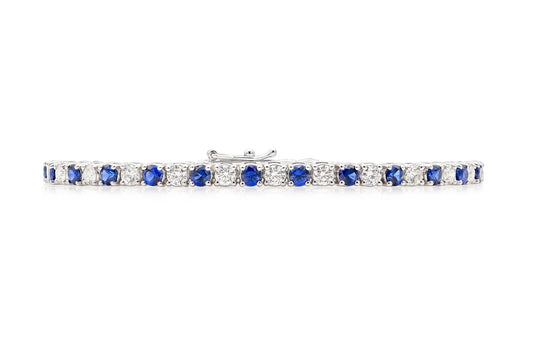 18K White Gold Diamond & Blue Sapphire Tennis Bracelet Tw. 5.54 carat