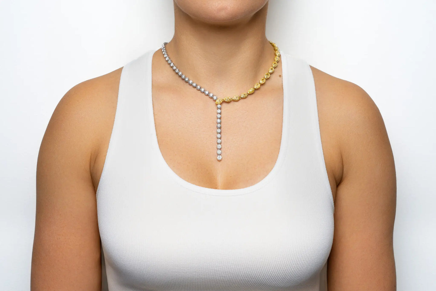 18K White & Yellow Drop Necklace with Natural White & Yellow Diamonds Tw. 38.64 carat