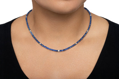 18K White Gold Blue Sapphire & Diamond  Tennis Necklace Tw. 14.98 carat