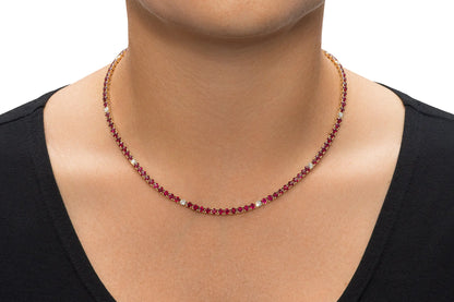 18K Yellow Gold Ruby & Diamond Tennis Necklace Tw. 15.42 carat