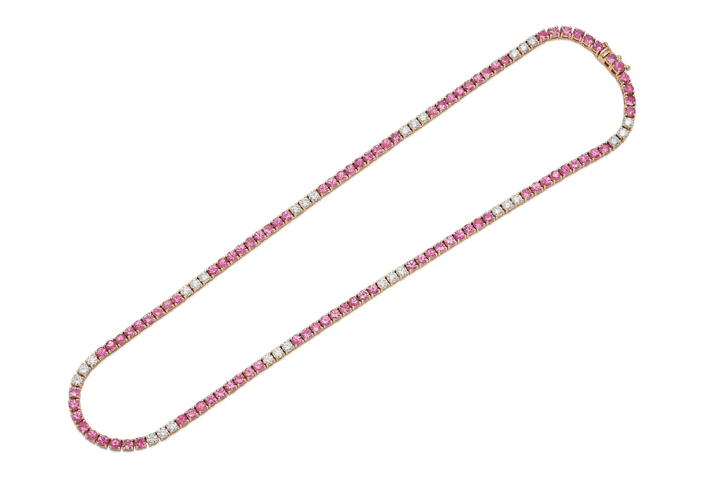 18K Rose Gold Diamond & Pink Sapphire Tennis Necklace Tw. 14.96 carat