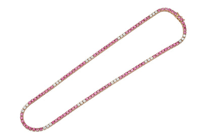 18K Rose Gold Diamond & Pink Sapphire Tennis Necklace Tw. 14.96 carat