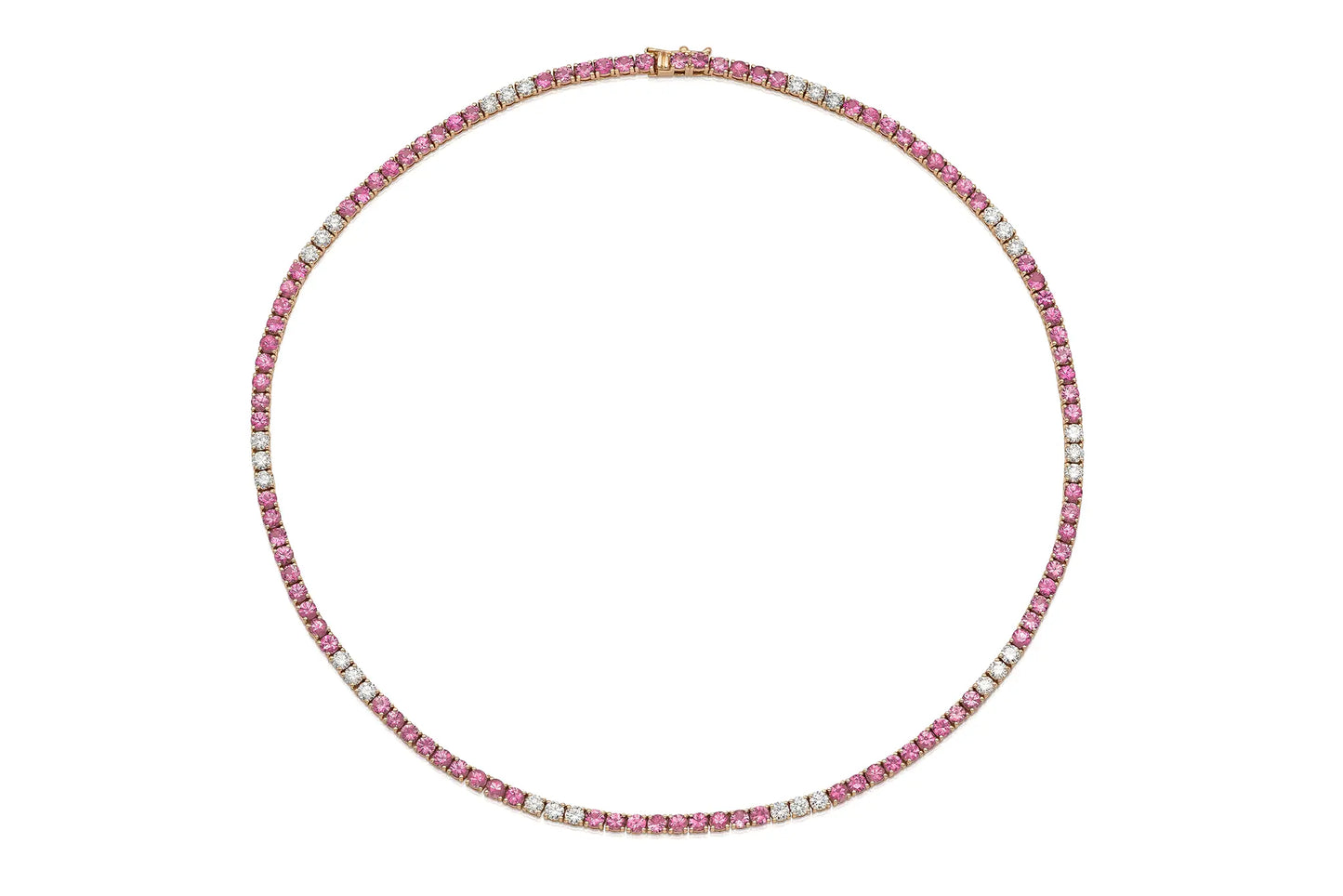 18K Rose Gold Diamond & Pink Sapphire Tennis Necklace Tw. 14.96 carat