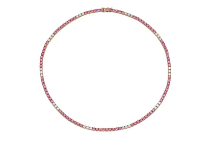 18K Rose Gold Diamond & Pink Sapphire Tennis Necklace Tw. 14.96 carat