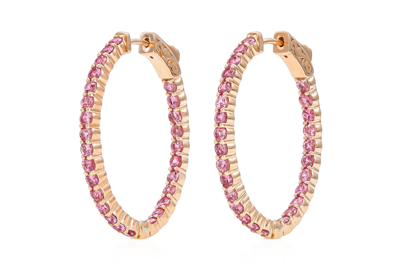 18K  Rose Gold Pink Sapphire Hoops TW. 3.19ct