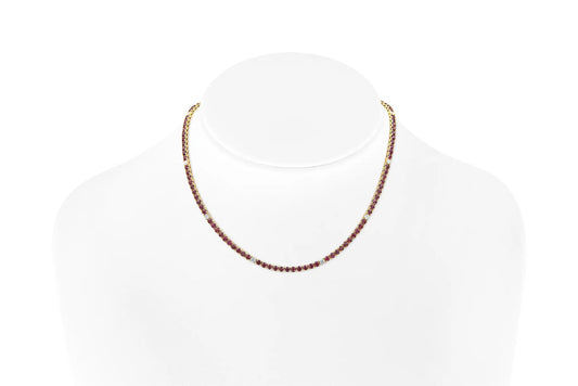 18K Yellow Gold Ruby & Diamond Tennis Necklace Tw. 15.42 carat