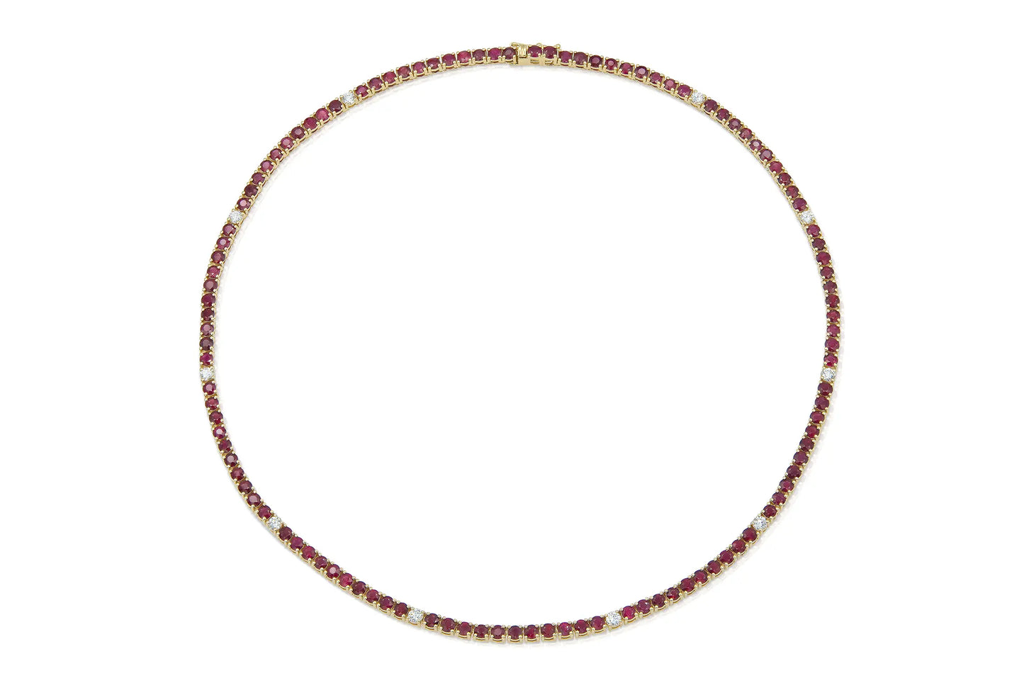 18K Yellow Gold Ruby & Diamond Tennis Necklace Tw. 15.42 carat